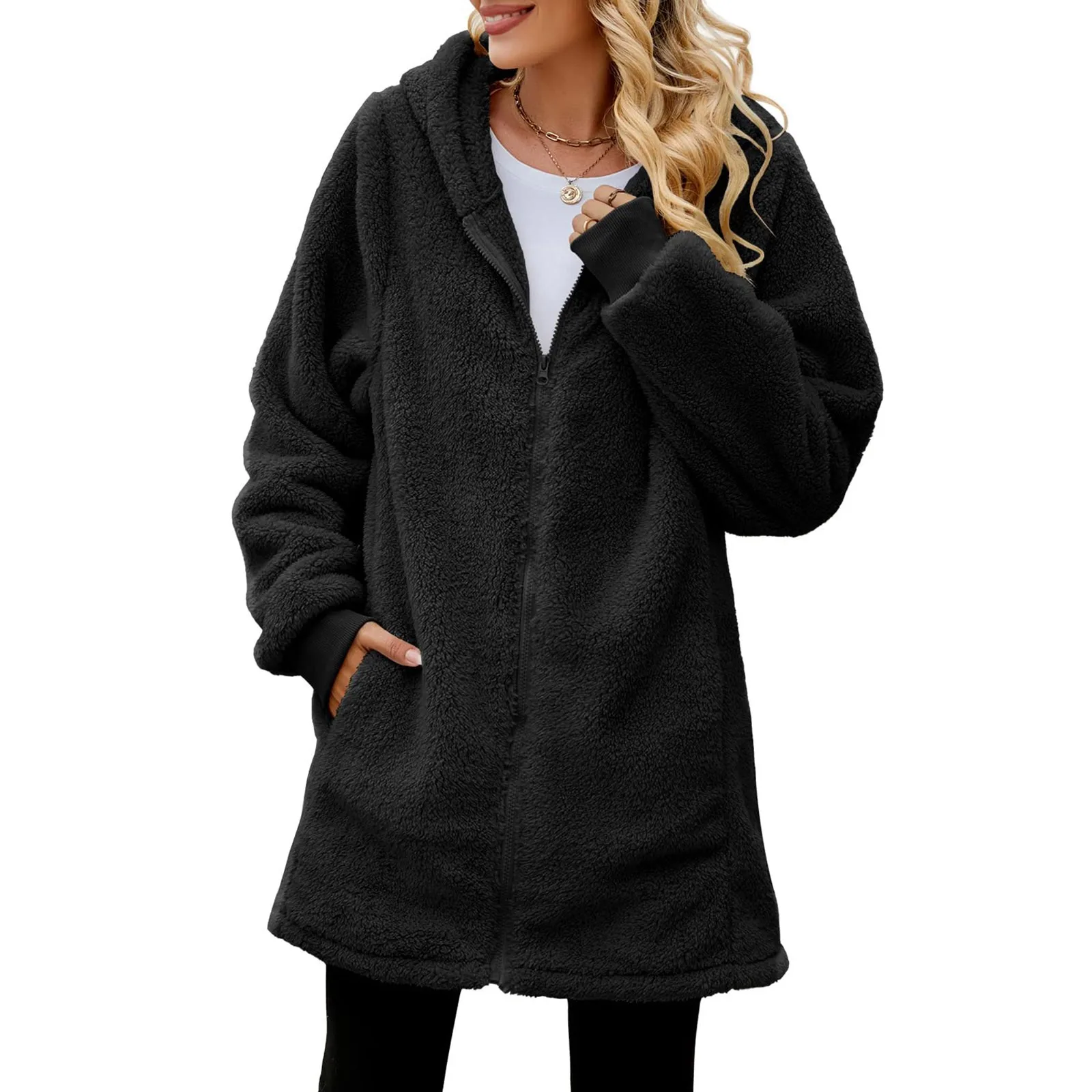 Autumn Winter New Women Jacket Casual Solid Color Lapel Hooded Long Sleeve Plush Sweaters Loose Elegant Cardigan Daily Oversize