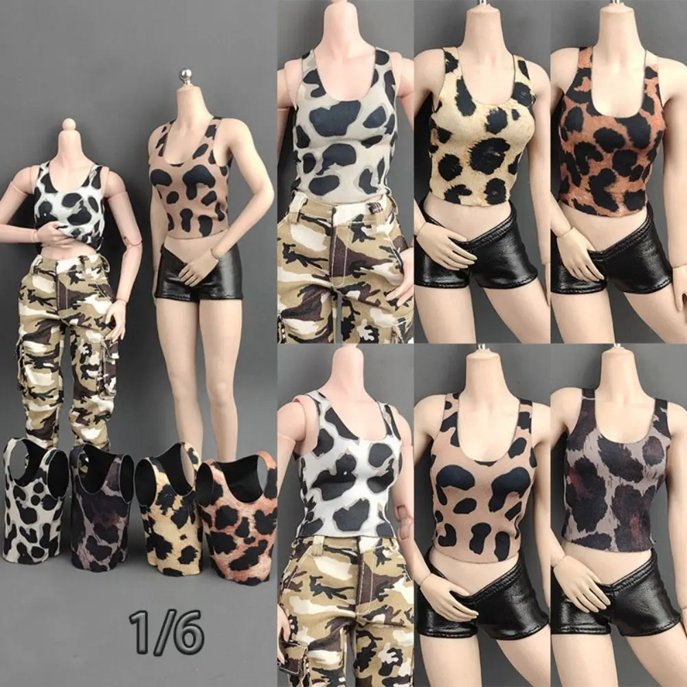 New 6 Colors 1/6 Miniature Vest High Elastic Cloth Female Soldier Vest Leopard Print Round Neck T-shirt 12