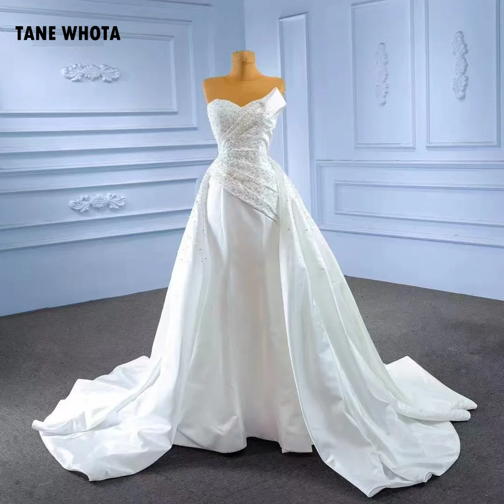 Vestido Novia Sweetheart Sleeveless Lace Up Back Ruched Sequined Beading Crystal Customized Satin Wedding Dress