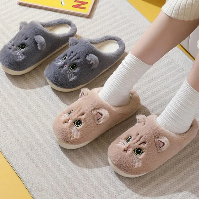 Winter Cotton Shoes Couple 2025 Plus Size Cute Cartoon Cat Flat Indoor Home Women's Slippers Soft Sole Warm Plush Man Slippers