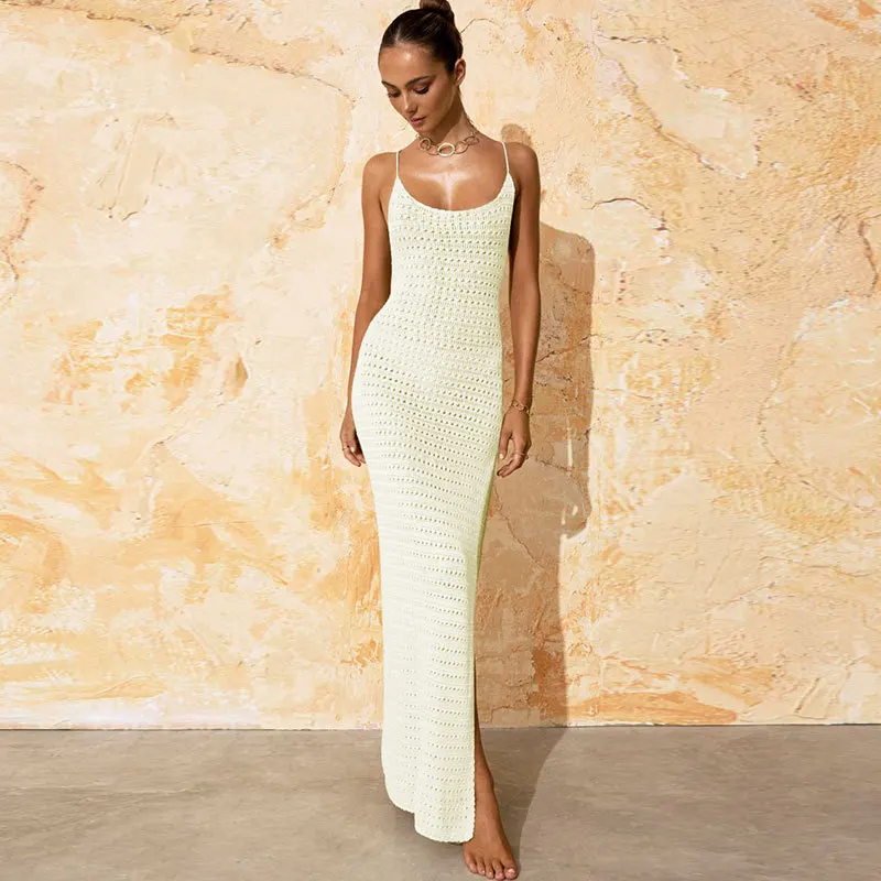 

Women Solid Hollow Out Knitted Maxi Holiday Beach Dress Spaghetti Straps Lace Up Backless Split Bikini Cover Ups Vacation Robes