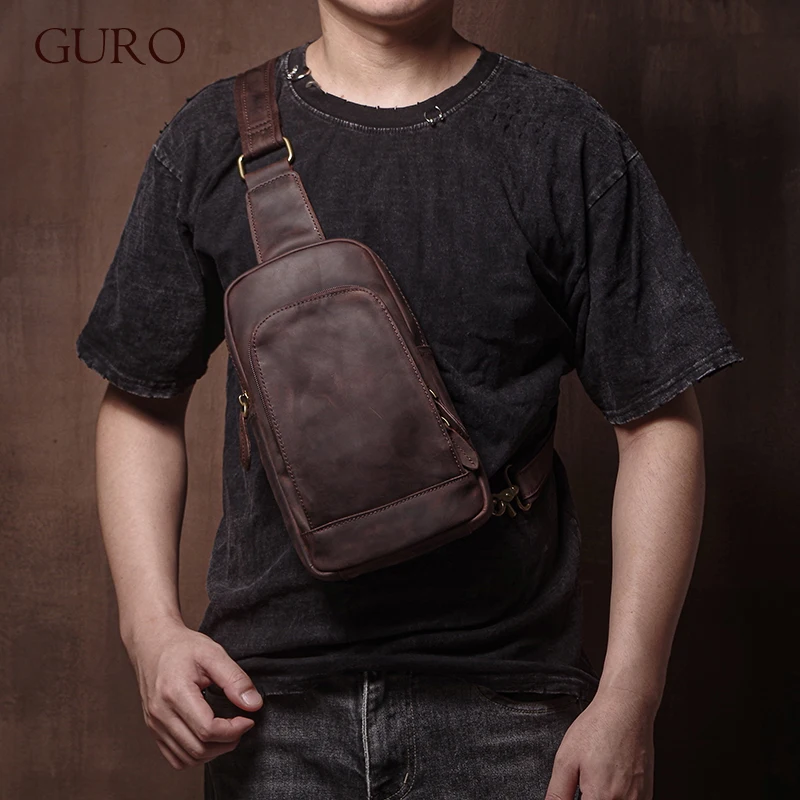 

GURO Luxury Top Crazy Horse Cowhide Chest Bag Men's Genuine Leather Sling Bag Vintage Travel Shoulder Bag High Quality Crossbody