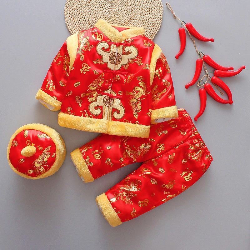 10Colors Baby New Year Tang Suit 3Pcs Chinese Traditional Kids Anniversary Costumes Stain Winter Cotton Boys Girls Warm Hanfu