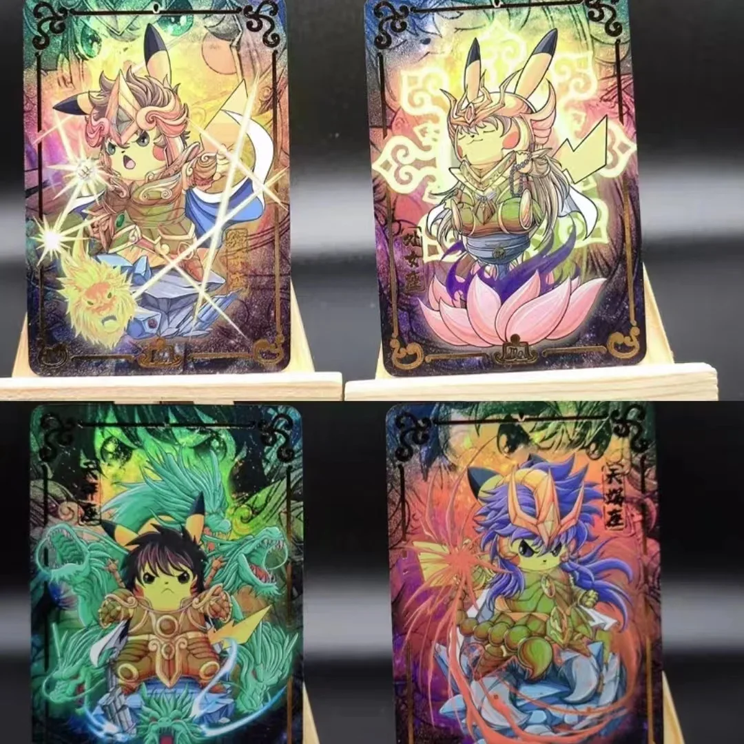 12Pcs/set PTCG Pokemon DIY Card Cosplay Costume Play Pikachu Warrior Gold Stamp Color Flash Anime Collection Card Toy Gift