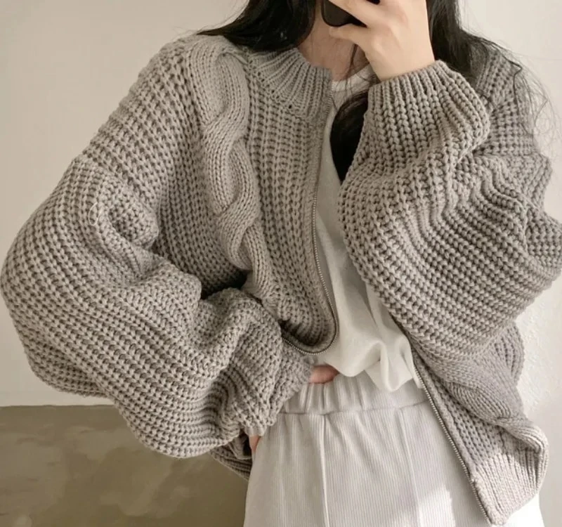 

Retro Lazy Loose Zipper Twist Sweater Jacket Women Thickened Knit Cardigan Autumn