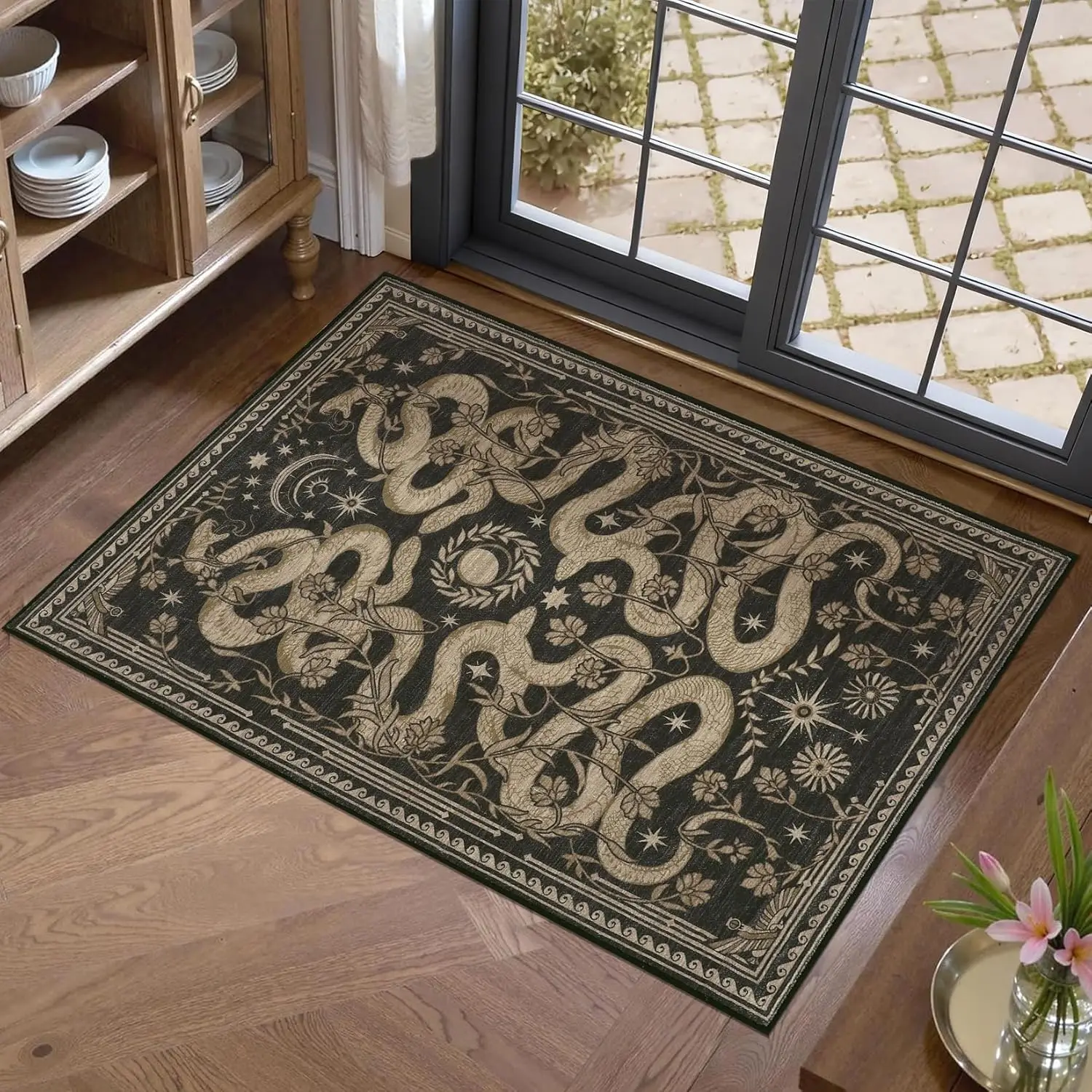 Snake Small Rug Washable Door Mat Indoor Rugs for Entryway Non-Slip Gothic Witchy Fantasy Soft Low-Pile Thin Mat for Kitchen