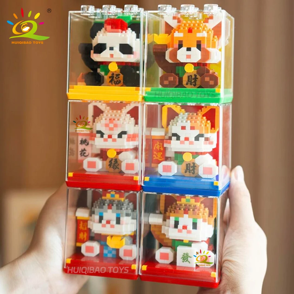 HUIQIBAO Cute animal Mini Lucky Cat for Wealth Fortune Micro Model Building Block Cartoon Diamond Pets Bricks decoration Toys