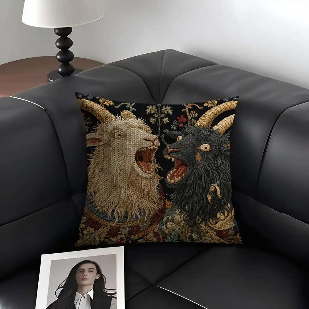 Medieval Goat Tapestry Cushion Cover Natural Linen Organic Fabric Double-Sided Printing Breathable Perfect Gift For Decor