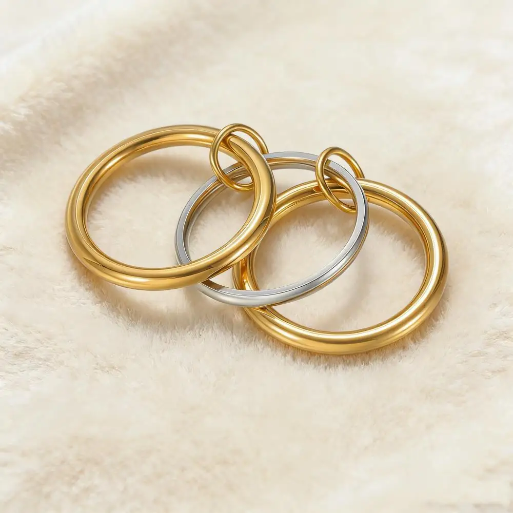 Stainless Steel Ring Sets For Women Men Gold Silver Color 3pcs Stacking Round Thin Connected Finger Wedding Bands Party Jewelry