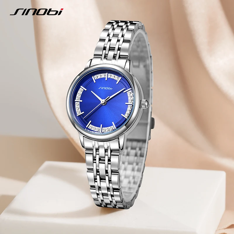 Sinobi New Arrival Fashion Woman's Watches Top Luxury Stainless Steel Ladies Quartz Wristwatches Blue Elegant Clock for Girl