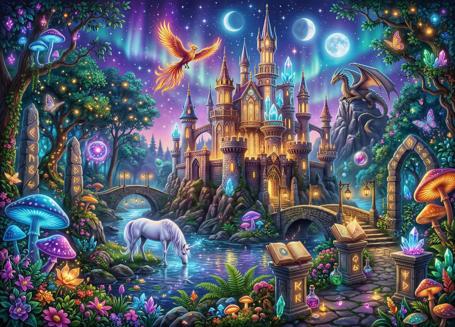500/1000/1200/2000PCS Jigsaw Puzzle Fantasy Castle Starry Night Multi Moons Unicorn Phoenix Dragon Glowing Mushroom Decor Gift