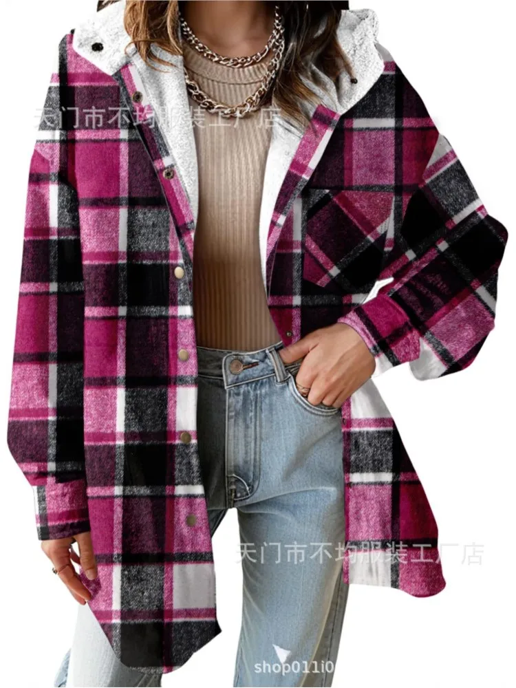 New Checkered Pocket Button Women's Jacket Coats Autumn Winter Casual Long Sleeved Lapel Comfortable Warm Thicken Coat Woman 5