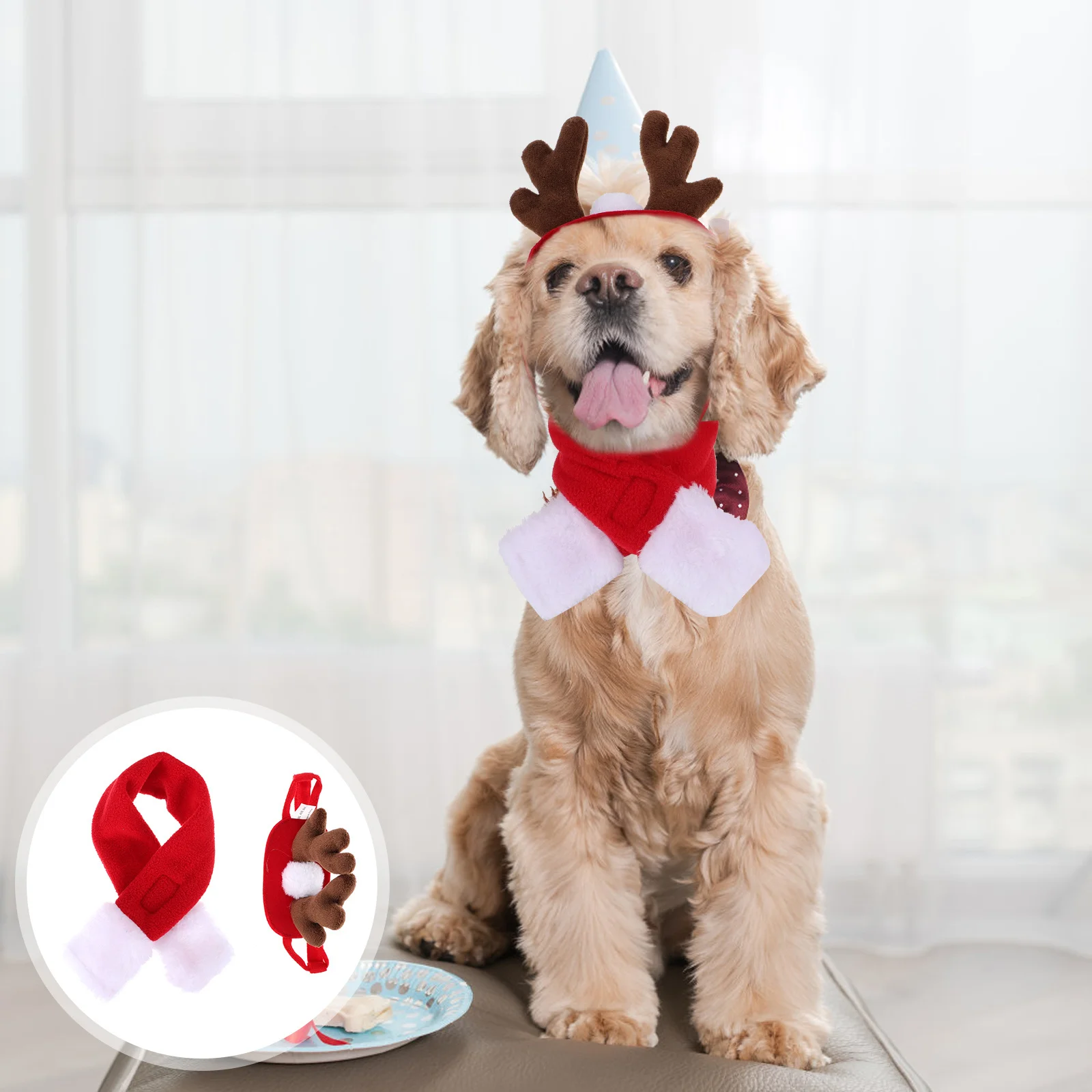 

1Set Xmas Costume for Pet Bright Colors Fashion Outlook Dog Antler Hair Clasp Decorative Collar Dog Xmas Hair Clasp
