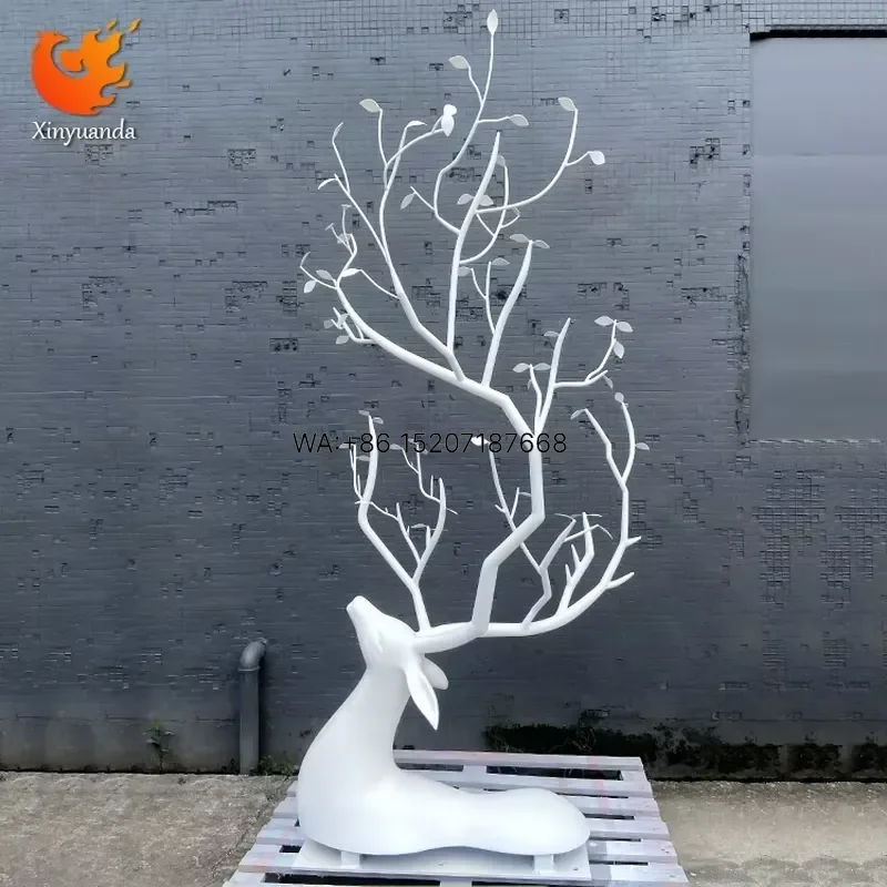 Wmwmnu Modern White Metal Deer Tree Sculpture Painted Outdoor Courtyard Hotel Art Installation Landscape Decorative Ornament