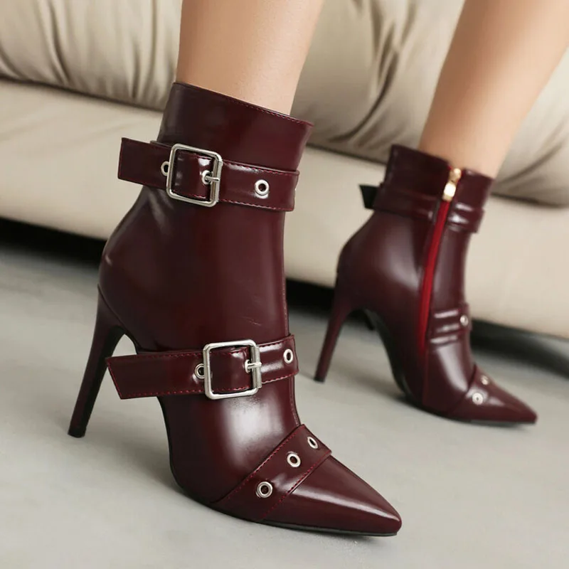 New Arrival Ankle Boots for Women High Thin Heels Buckle Belt Fashion Winter Women Boots Pointed Toe Female Booties WSH5010