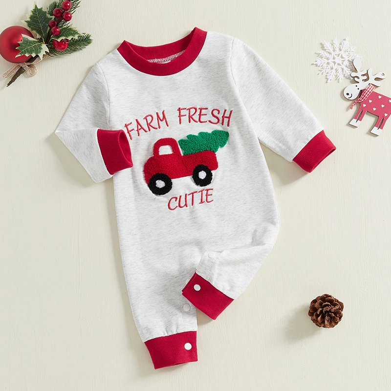 Infant Holiday Romper with Festive Reindeer Embroidery and Long Sleeves - Christmas  for Newborns in Red