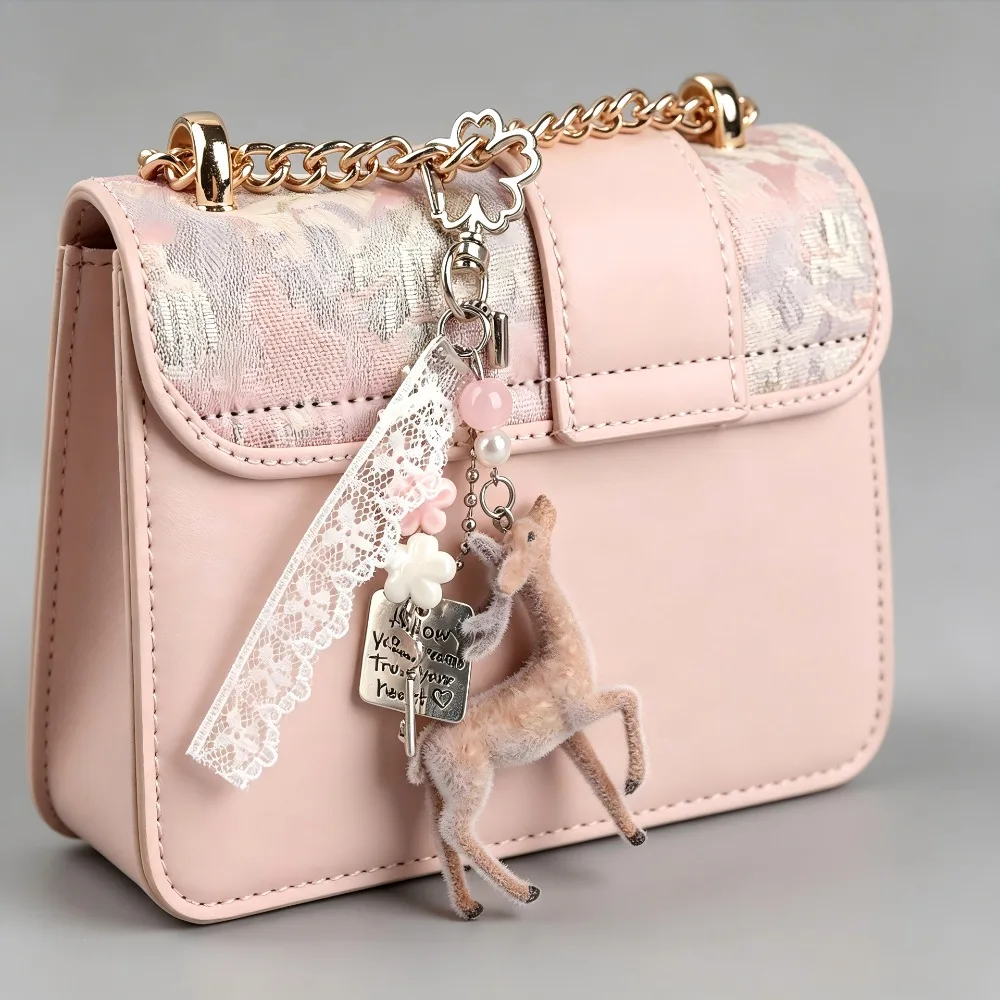 Flocking Deer Keychain for Women Bag Decor Christmas Elk Pendant Backpack Key Ring Christmas Cute Keychain Accessories Xmas Gift