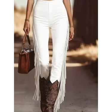 Retro Western Tassel Long Pants Flared Pants for Women Casual Pants Spring 2026 Mid-Waist Other Waist Type Lyocell Fabric