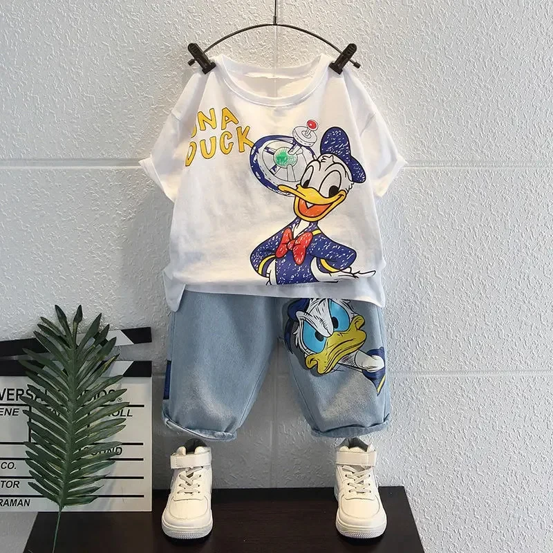 2024 Summer Baby Boys Cotton Clothing Sets Kids Cute Cartoon Donald Duck T-shirt + Jeans 2Pce Suits Childrens Tracksuits Clothes