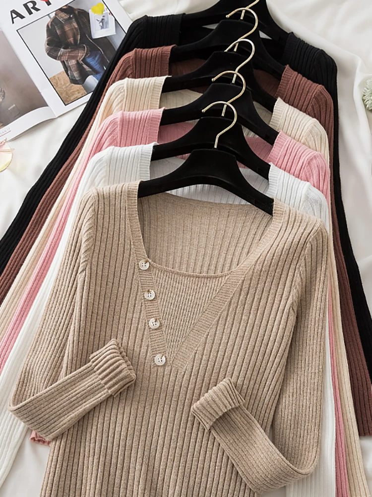 

Women 's Sweater Pullovers Casual Long Sleeve Button Chic Sweater Jumpers 2024 Basic slim soft autumn winter O-Neck Tops