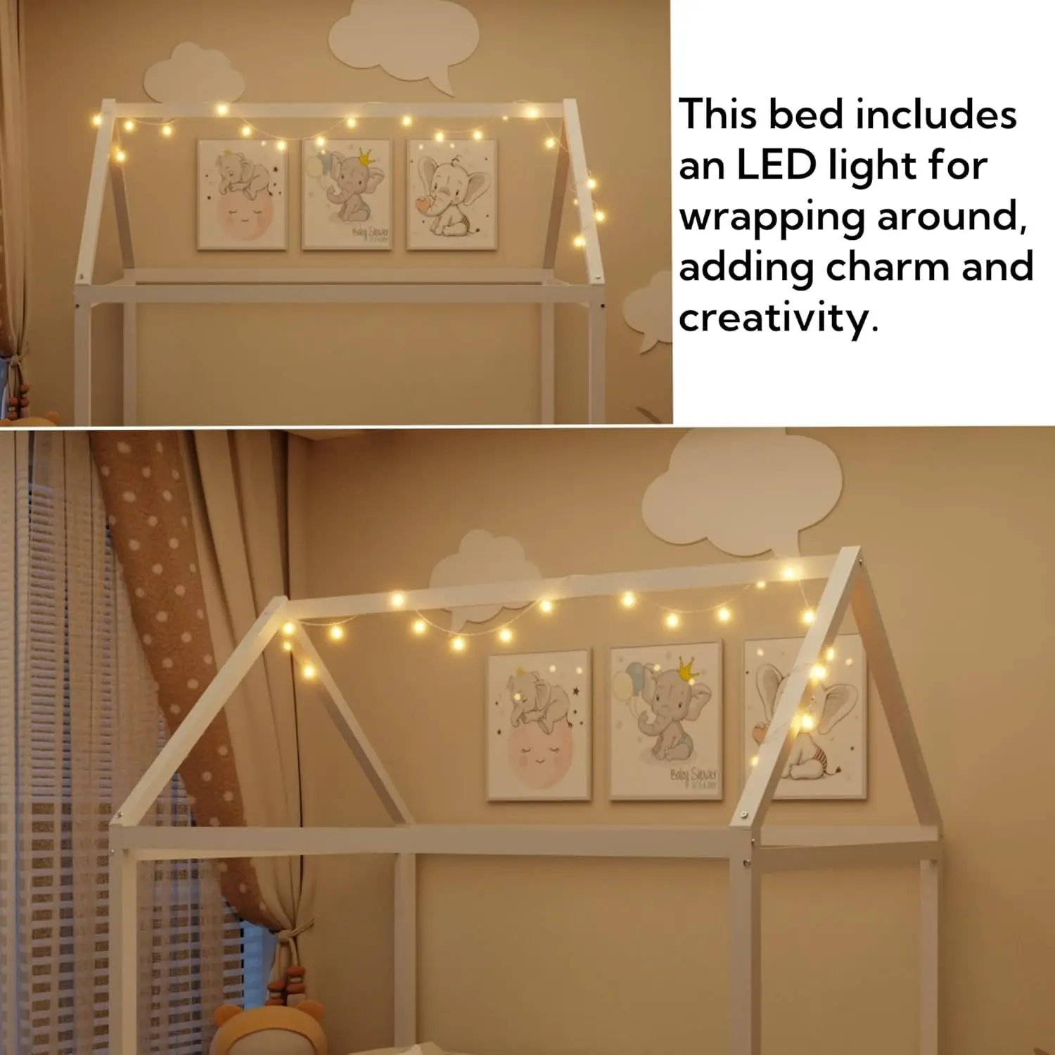 Full Size House Bed For Kids, Wood Platform Bedframe With Light And Guardrail For Teens Girls Boys, No Box Spring Needed, White