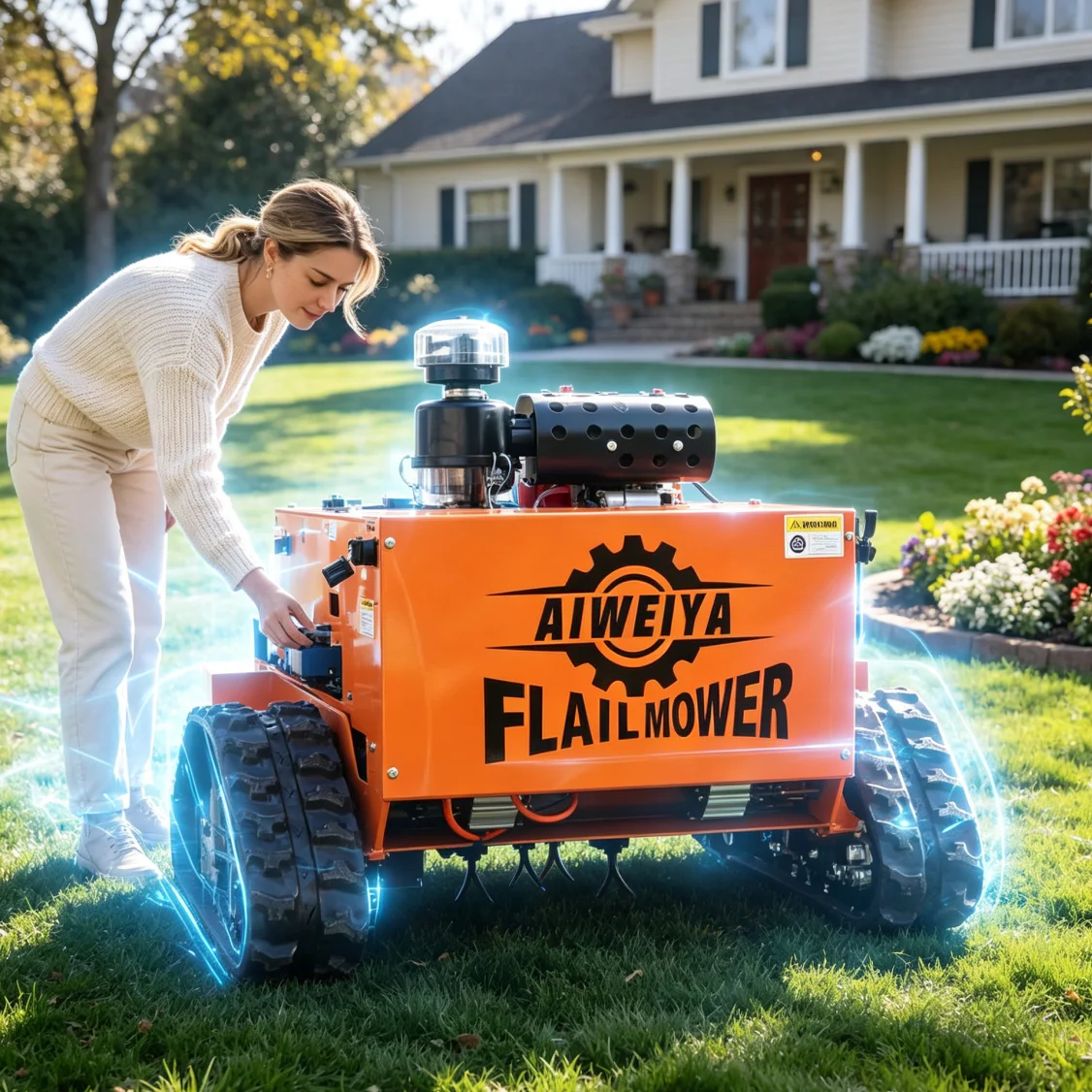 Customized Remote Control Flail Mower for wetland park slope care, anti-slip low-pressure tracks adapt to soft wet soil,