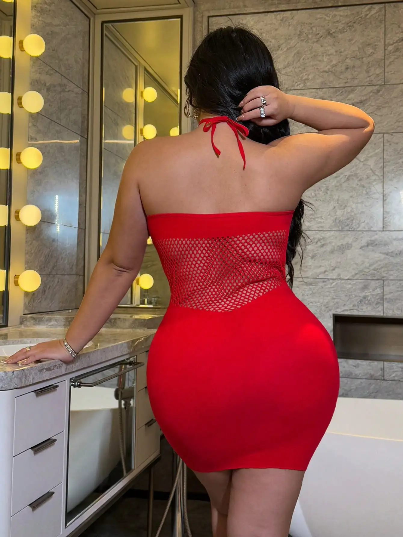 Women Sexy Dress Mesh Hollow Out Fitted Mini Dress Plus Size Sleeveless Bodycon Dress Nightclub Party Dating