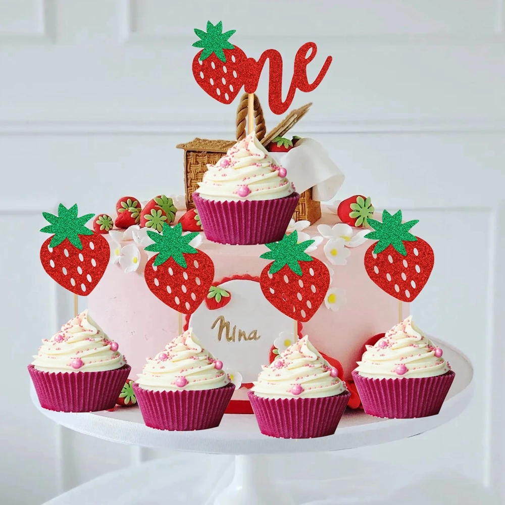 1 zestaw nakładek na ciasto z truskawkami Bling Red Cupcake Toppers na letnie truskawki Happy Fruits Party Decoration DIY Cake Supplies