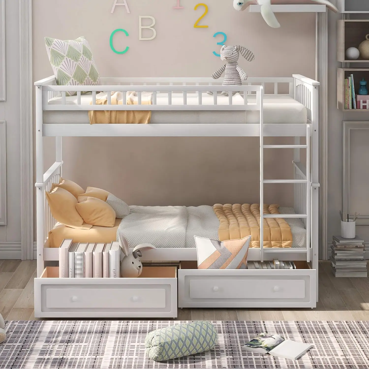 

Harper & Bright Convertible Wood Twin-Over-Twin Bunk Bed with Storage Drawers and Ladder-Can Be Divided Into Two Daybeds (White)