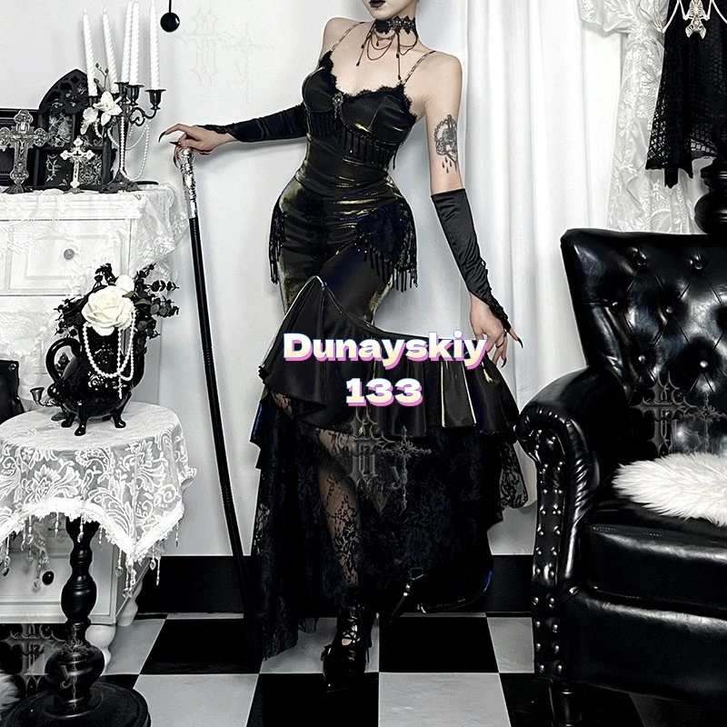 Black Velvet Fishtail Asymmetrical Skirt Vintage Gothic Ghost Girl Long Dress Fall Winter Darkwear Outfit Halloween Cos Party view 5
