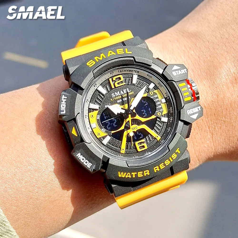 SMAEL – montre numérique à Quartz pour hommes, mode, bracelet jaune, chronographe étanche, double affichage de l'heure, électronique, alarme, 8065