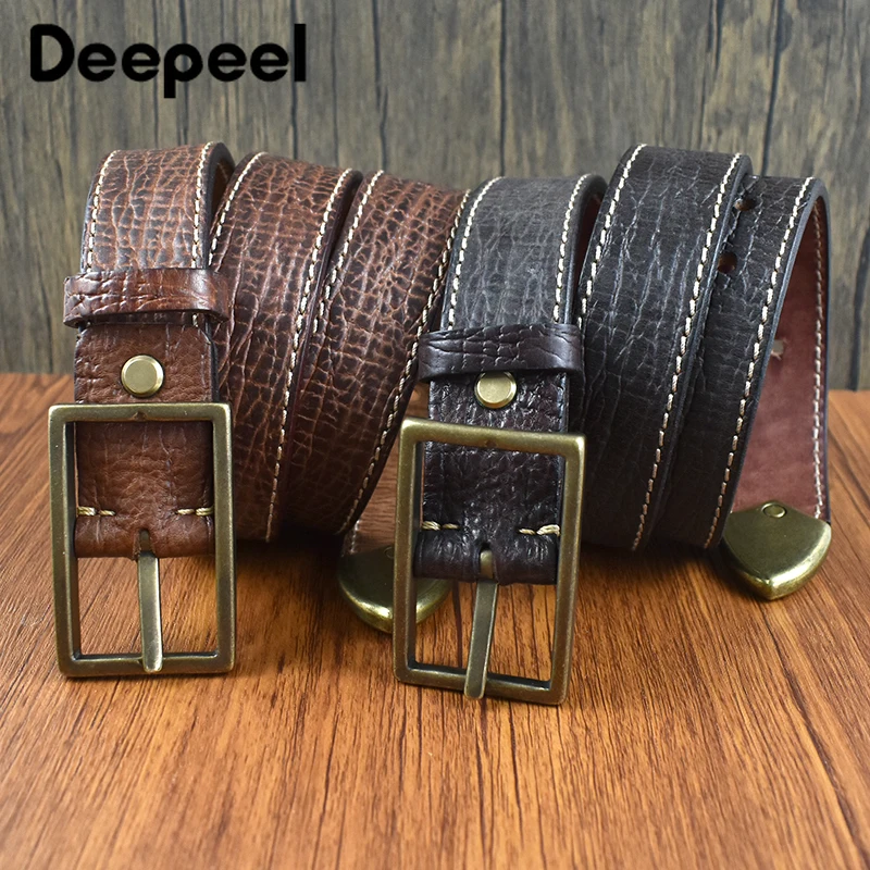 105-125cm Men's Leather Belt First Layer Cowhide Belts Pure Copper Pin Buckle Decorative Strap Embossed Vintage Mens Waistband