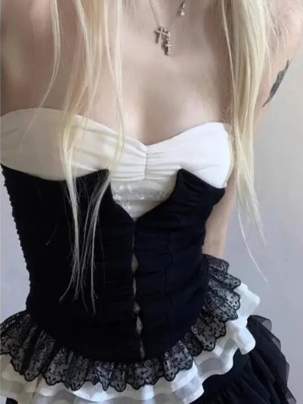 Bla Lace Bustier أعلى ارتفاع الخصر الزي تخفيف بسيط حصيرة صورة ظلية عالية النتيجة سستة Sle ort طول لون نقي