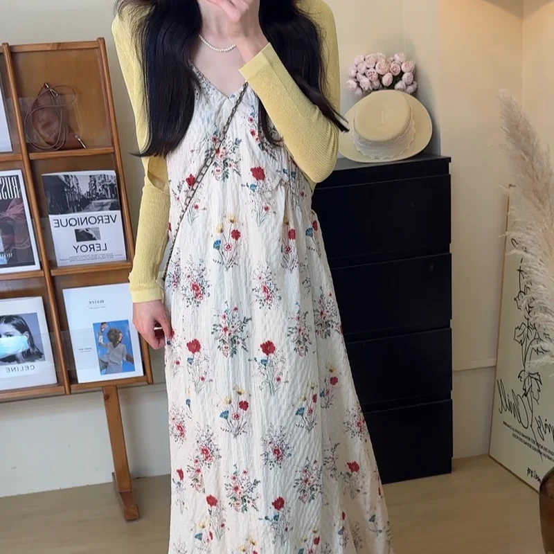 Abito con camicette stampato Harajuku Abito da donna vintage moda senza maniche con scollo a V Vacanza estiva Festa coreana Una linea di abiti lunghi