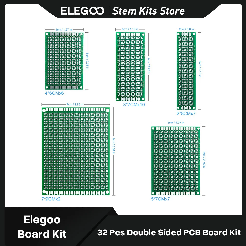 ELEGOO 32 Pcs Double Sided PCB Board Prototype Kit for DIY Soldering with 5 Sizes Compatible with Arduino Kits