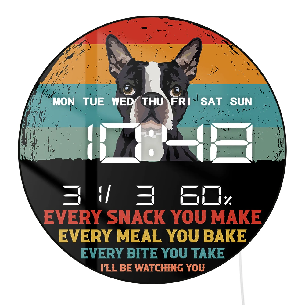 Boston Terrier Dog Quotes LED Auto Dimming Electronic Wall Clock with Digital Timer Date Temperature Humidity Calendar Display