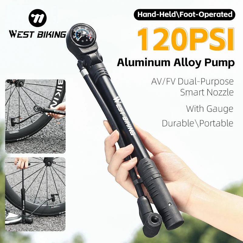 

WEST BIKING Portable Bicycle Pump With Gauge 120PSI Aluminum Alloy Bike Tire Inflator For Schrader/Presta Valve Hand Air Pump