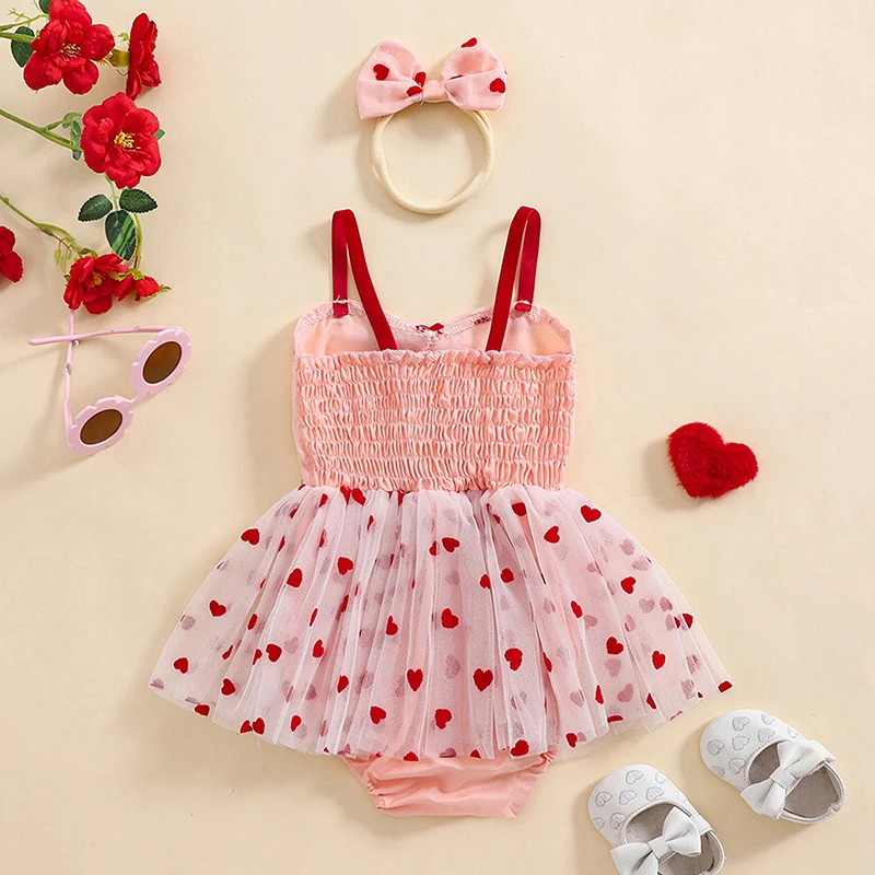 Newborn Baby Girl Sleeveless Bodysuits Lovely Heart Print Romper Dress with Headband 2Pcs Set Infant Cotton A-line Jumpsuits