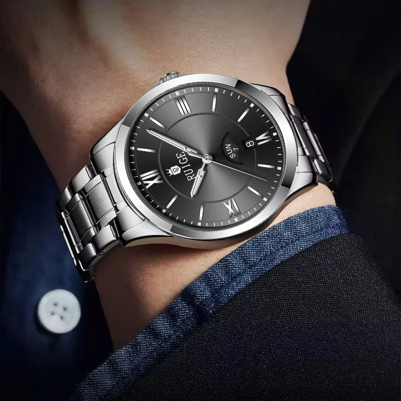 Reloj mecánico completamente automático RUIGE con calendario semanal para hombre, reloj versátil resistente al agua a la moda de acero inoxidable para hombre