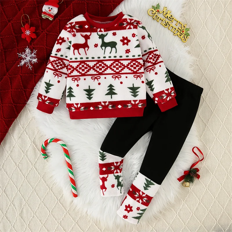 Children Christmas Flannel Sets Girls Fleece Long-Sleeve Suits Kids Top with All-Over Reindeer+Pants 2Pcs Outfits Toddler Clothe
