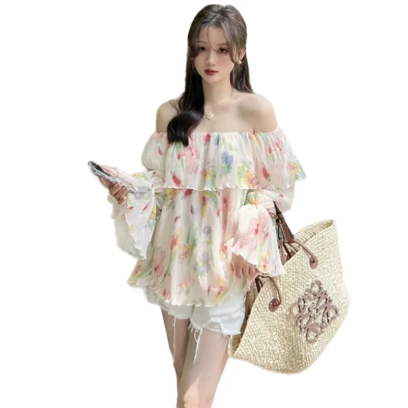 

Элегантные праздничные рубашки с оборками, Милая женская блузка для молодых девушек, корейский стиль, топы с открытыми плечами и длинными расклешенными рукавами с принтом