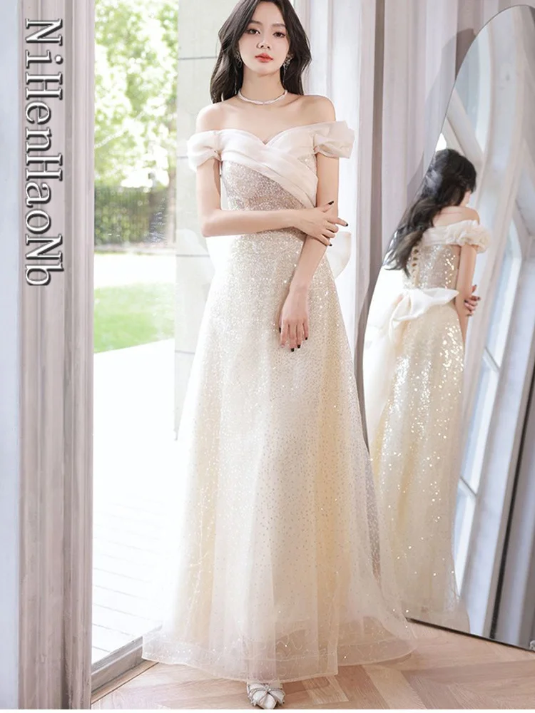 

Women Champagne Gold Quinceanera Dresses Splicing Sequin Bow Cocktail Dresses Elegant Sweet High Waist Evening Gown