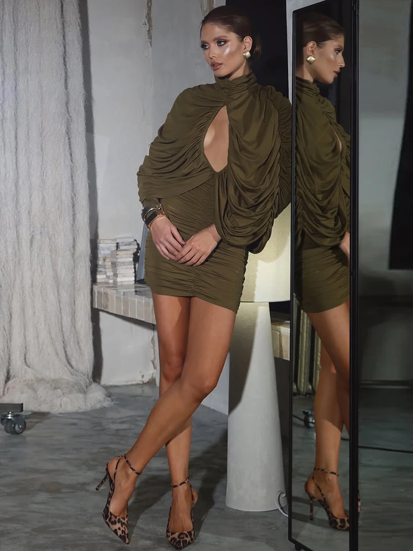 WEIRD PUSS col haut Long Sve évider plissé Dr femme coupe ajustée jupe Sli décontracté Polyester mélange Dr