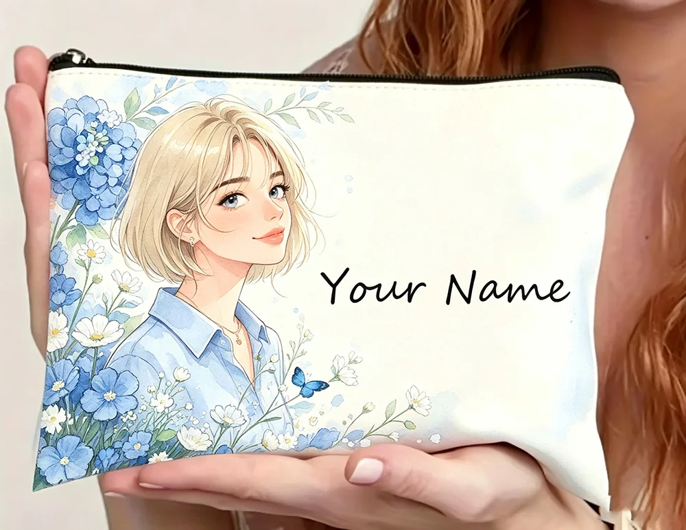 Bags Customized Name Cute Sweet Girl Themed Design Elements Adorable Canvas Makeup Bag Durable And Spacious Suitable for Women