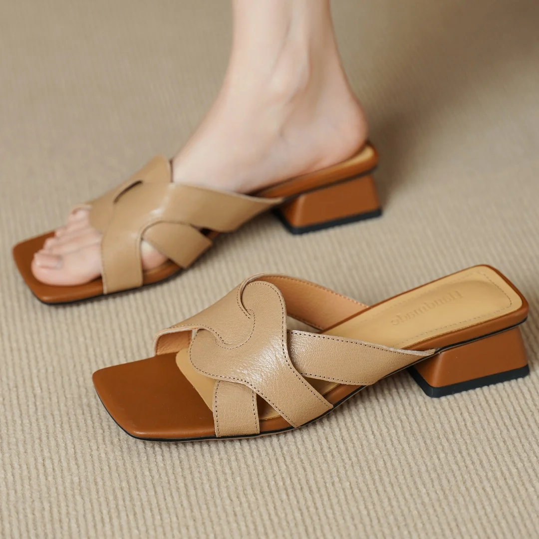 

danxuefei women's sheepskin narrow band braided open toe slip-on summer slides sandals 3cm thick med heel daily casual shoes 40