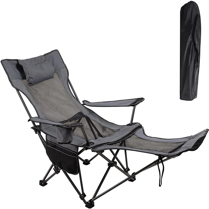 Camping Folding Chair With Foot Rest, Outdoor Folding Recliner Chair Beach Sun Patio Chaise Lounge Chair Pool Lawn Lounger