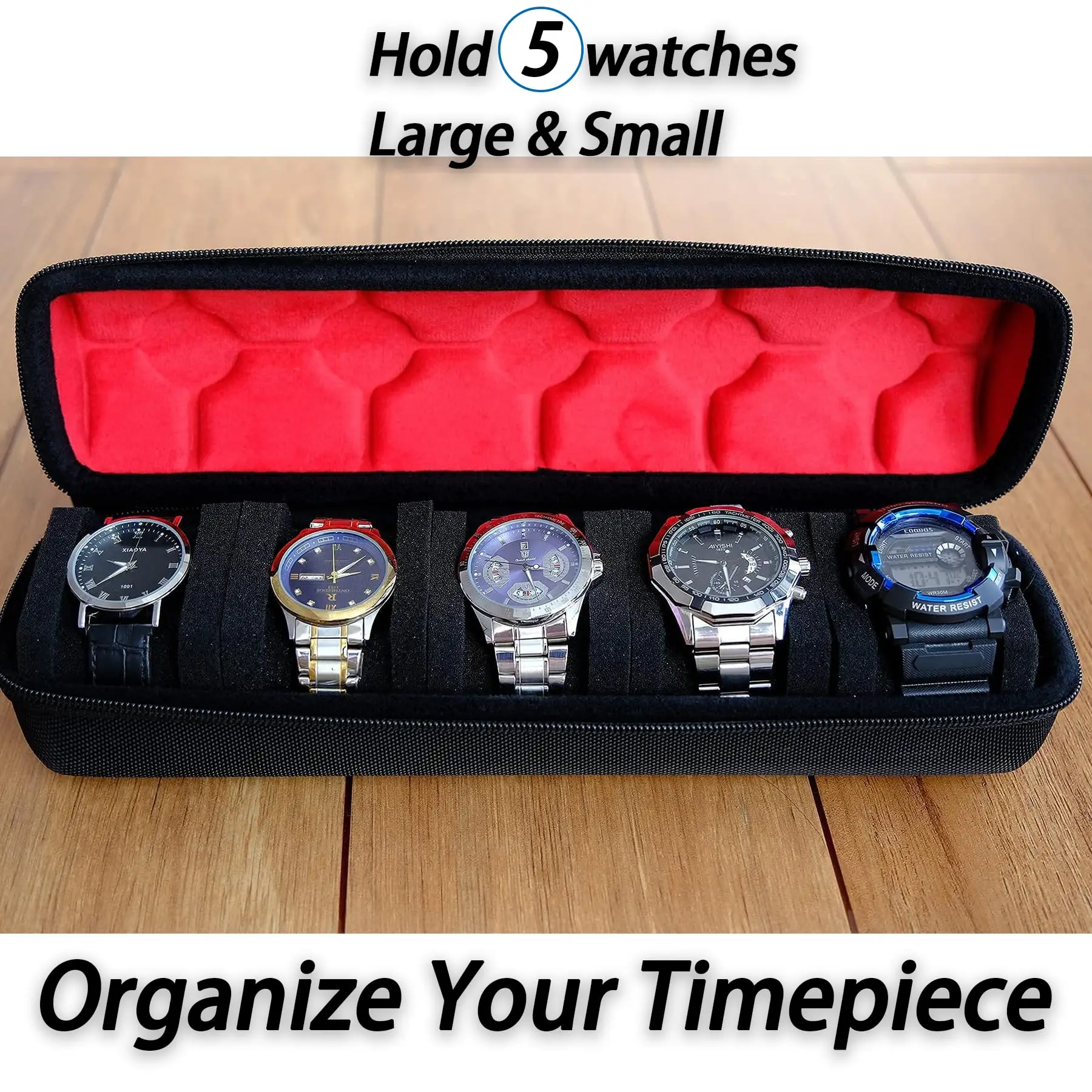 Hard 5 Slots Watch Organizer Box with Soft Separation pillow,fit men's women's casual/sports/diving/dress/with luxury red lining image 3