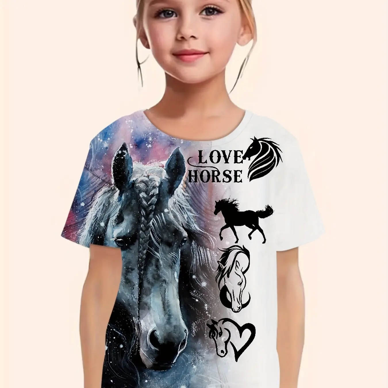 T-Shirt à Manches Courtes et Col Rond pour Fille, Vêtement Décontracté, Vintage, Imprimé Cheval, Été