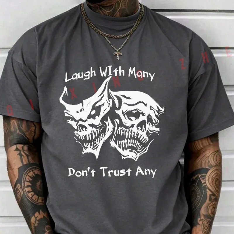 2026 Men T Shirt Funny Skeletal Face With Laugh With Many Don't Trust Anyone Print Moto T-Shirt Cotton Summer Short Sleeve Tops 3