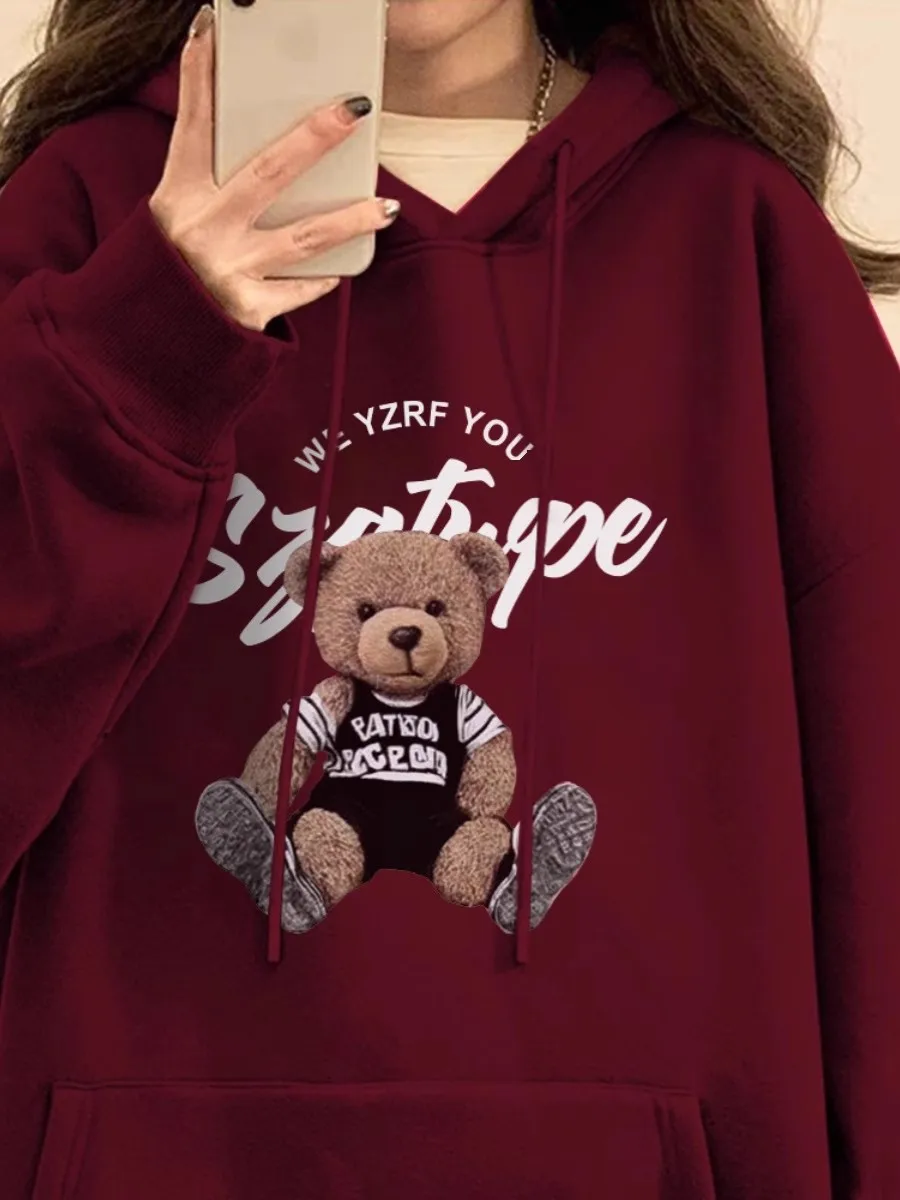 Burgundy Sweatshirt Women\'s Autumn and Winter Silver Fox Spring & Fall Thin Retro High-end American Lazy Style Hooded Jacket